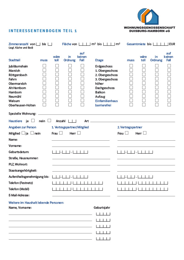 Formular zur Wohnungsbewerbung
